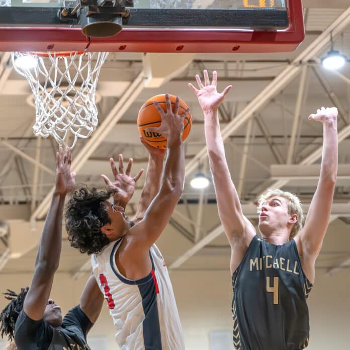 Springstead High's ,3, Nick Cordero elevates for a shot in the third-place game versus Mitchell High at the Glory Days Greg O’Connell Holiday Shootout. Photo by Joe DiCristofalo