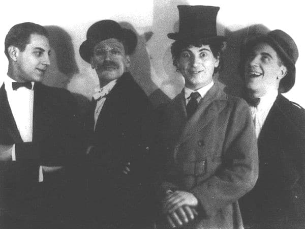 Humor Risk (1921), now long-lost, was the first Marx Brothers' film. Pictured in a photograph the same year, from (left to right), are Zeppo, Groucho, Harpo and Chico. [Credit: Public domain]