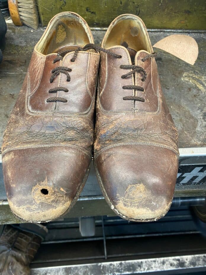 Angelo Rossi’s 40-year-old leather shoes. In very poor condition, he brought them to Florida from Scotland, hoping he could get them restored by Larry’s Shoe Repair in Brooksville. It’s becoming harder and harder to find traditional cobblers to repair leather shoes.