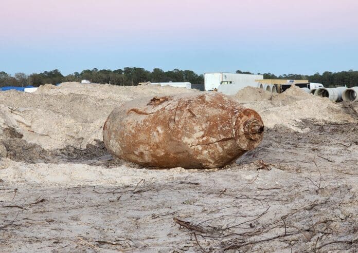 World War II era M34 bomb excavated at the construction site of Wilton Simpson Technical College. [Credit: Austyn Szempruch]