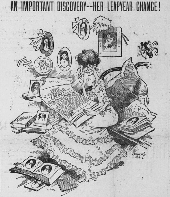 A spinster eagerly awaits the upcoming leap day, in this 1903 cartoon by Bob Satterfield. [Public domain]