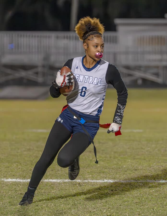 Central High, 6, Trinity Allen runs for a gain in the game at Hernando High Thursday night. [Photo by Joe DiCristofalo]