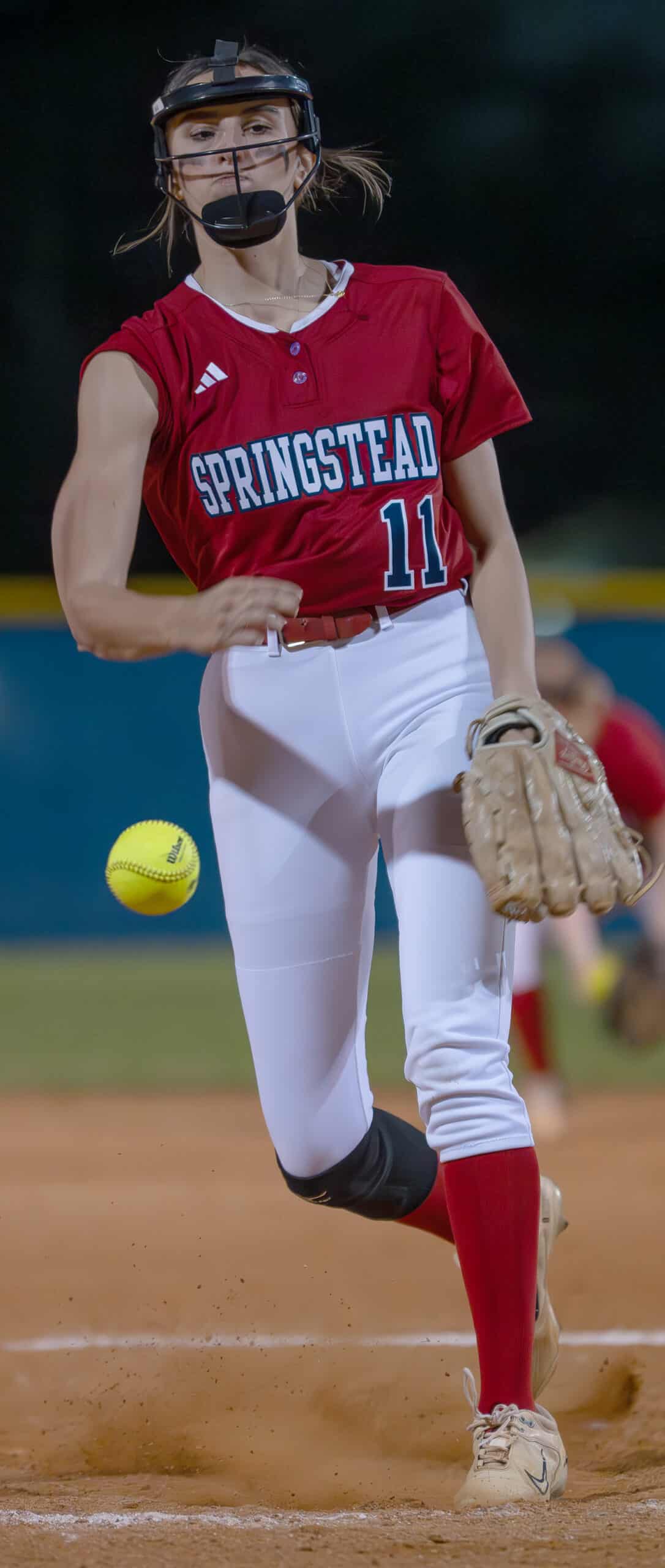 Springstead pitcher, Ava Miller concentrates on a pitch delivery Tuesday night in the game with visiting Weeki Wachee High. [Photo by Joe DiCristofalo]