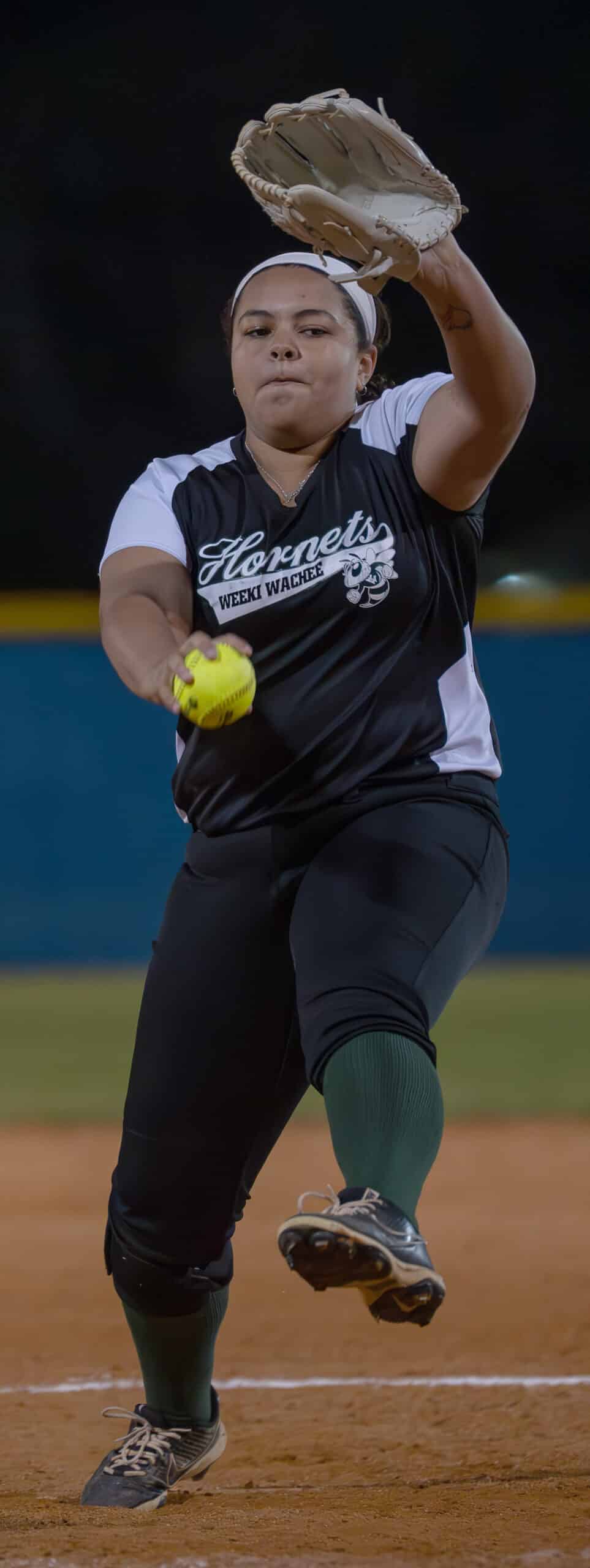 Weeki Wachee High starting pitcher looses a pitch Tuesday night at Springstead High. [Photo by Joe DiCristofalo]
