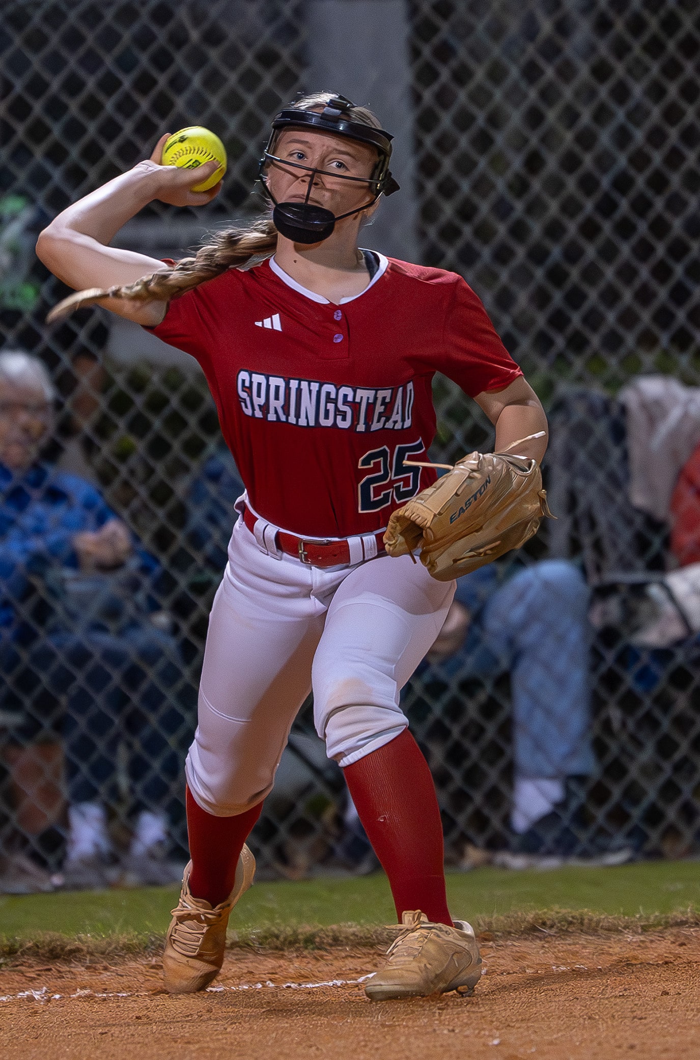 Springstead High, 25, third baseman Mackenzie Nester throws across the diamond on a bunt attempt Tuesday night in the game with visiting Weeki Wachee High. [Photo by Joe DiCristofalo]