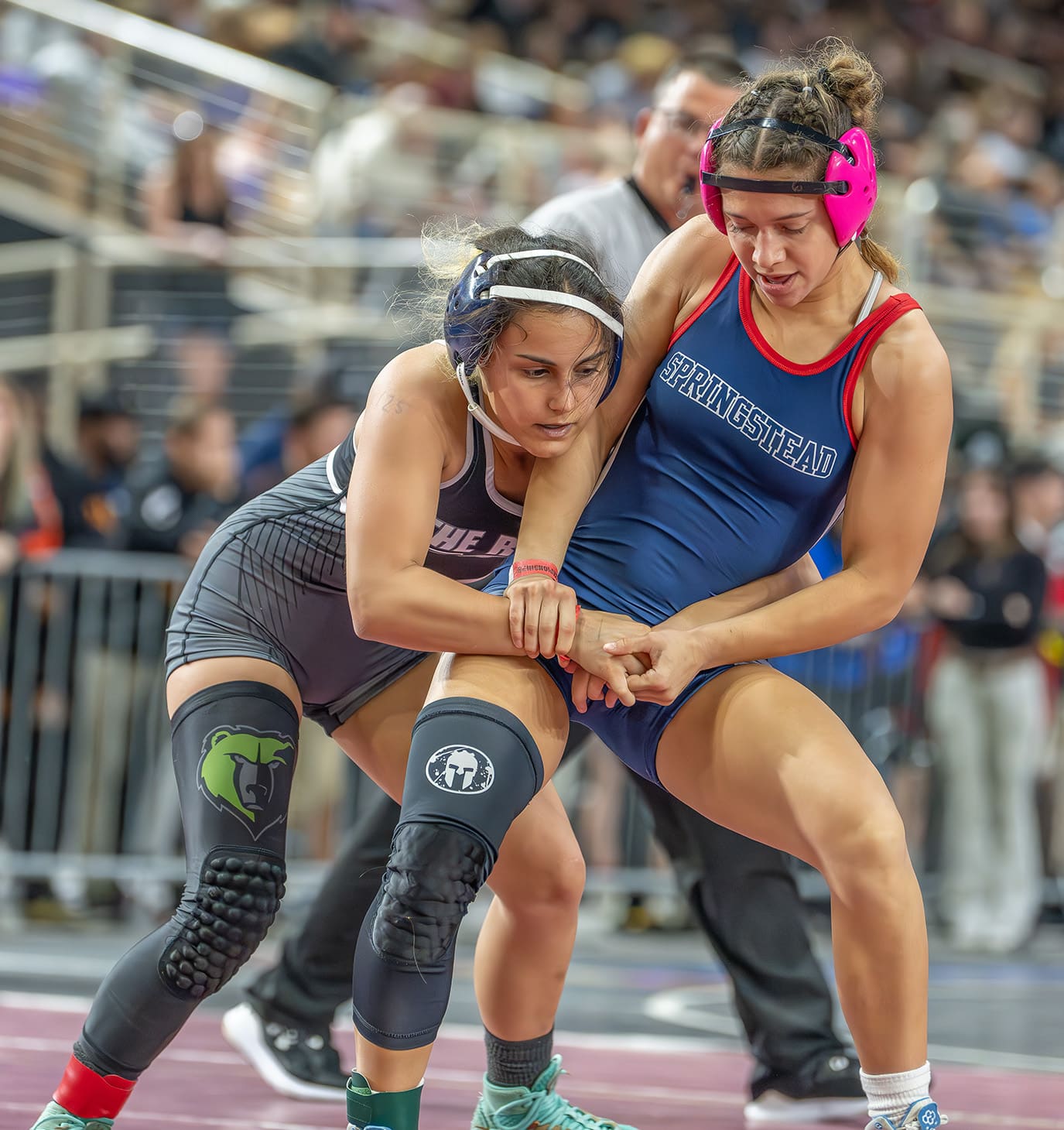 Springstead High 125 pound Jasmine Serrano won by fall over Delenis Rogert at 4:00 in her first round match in the FHSAA State Championships in Kissimmee [Photo by Joe DiCristofalo]
