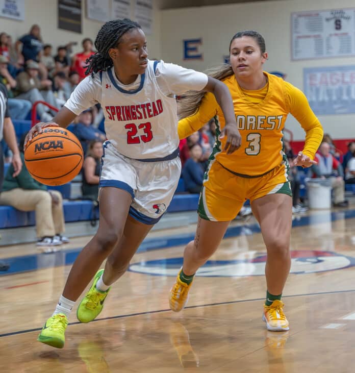 Springstead High School, 23, J’ziyzh Munford looks to make a play in the offensive zone guarded by Forest High defender Neveah Perez-LLana in the 6A Division 4 Championship Game. [Photo by Joe DiCristofalo]