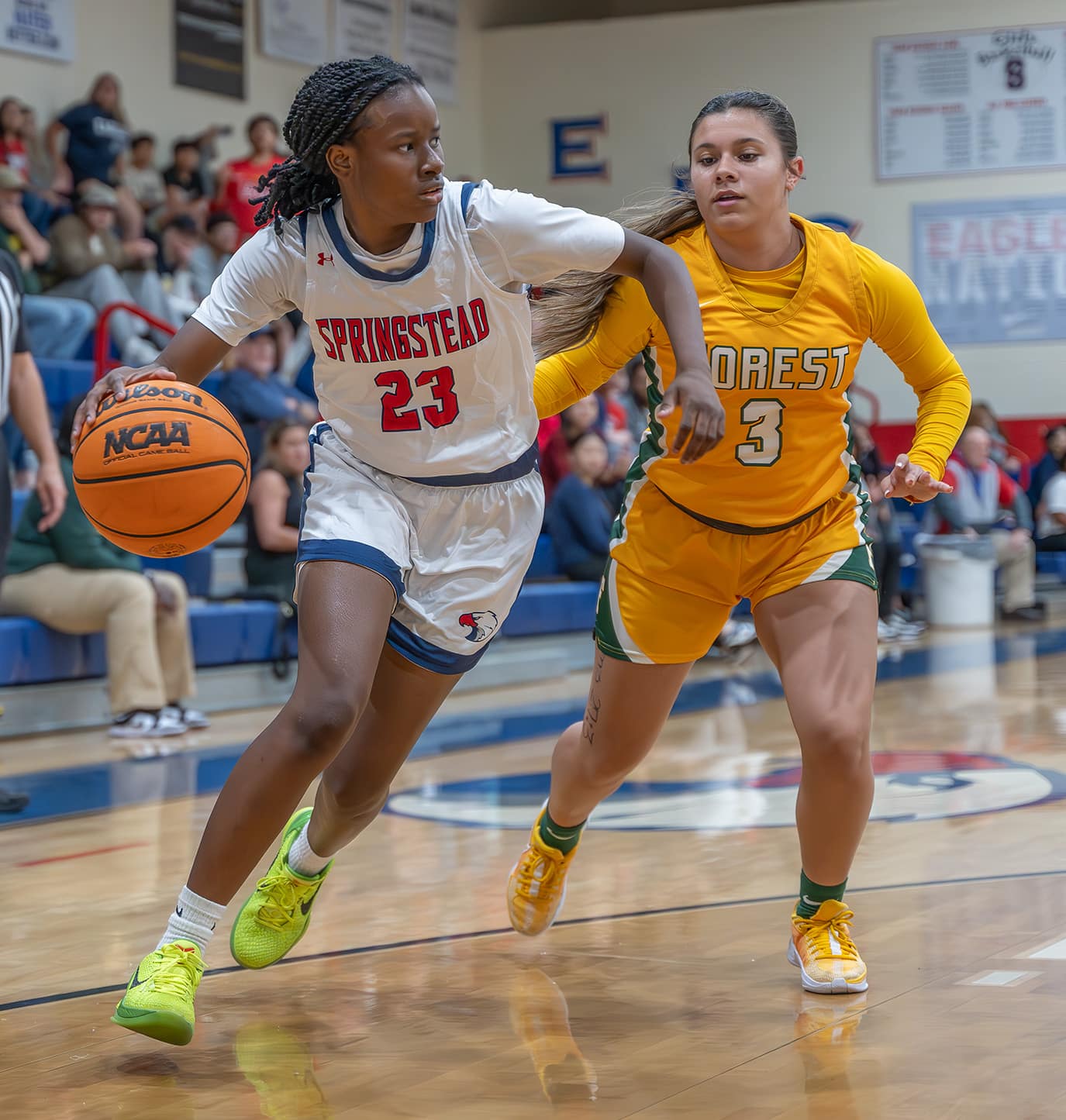 Springstead High School, 23, J’ziyzh Munford looks to make a play in the offensive zone guarded by Forest High defender Neveah Perez-LLana in the 6A Division 4 Championship Game. [Photo by Joe DiCristofalo]