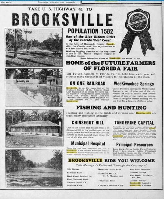 Newspaper ad promoting Brooksville in 1937. It was considered a “Blue Ribbon” city with a population of 1582. [Public domain photo]