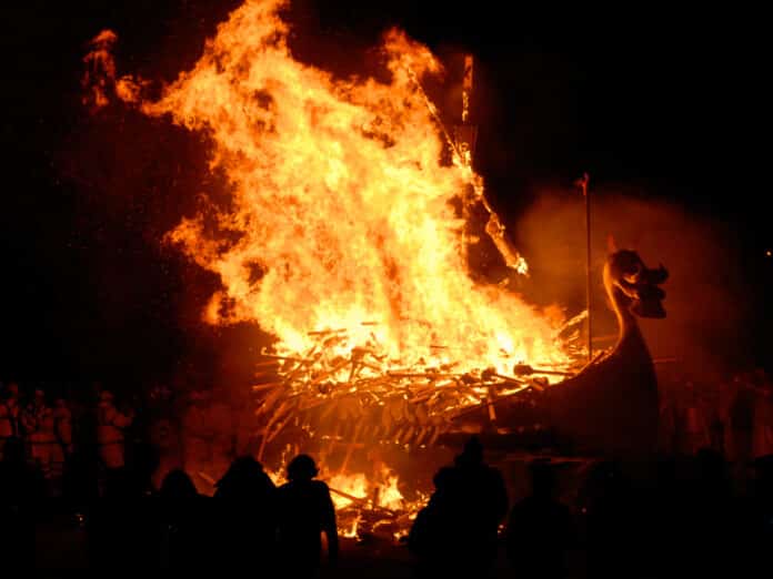 A replica Viking longship is ceremoniously burned at Lerwick’s Up Helly Aa fire festival each year at the end of January,