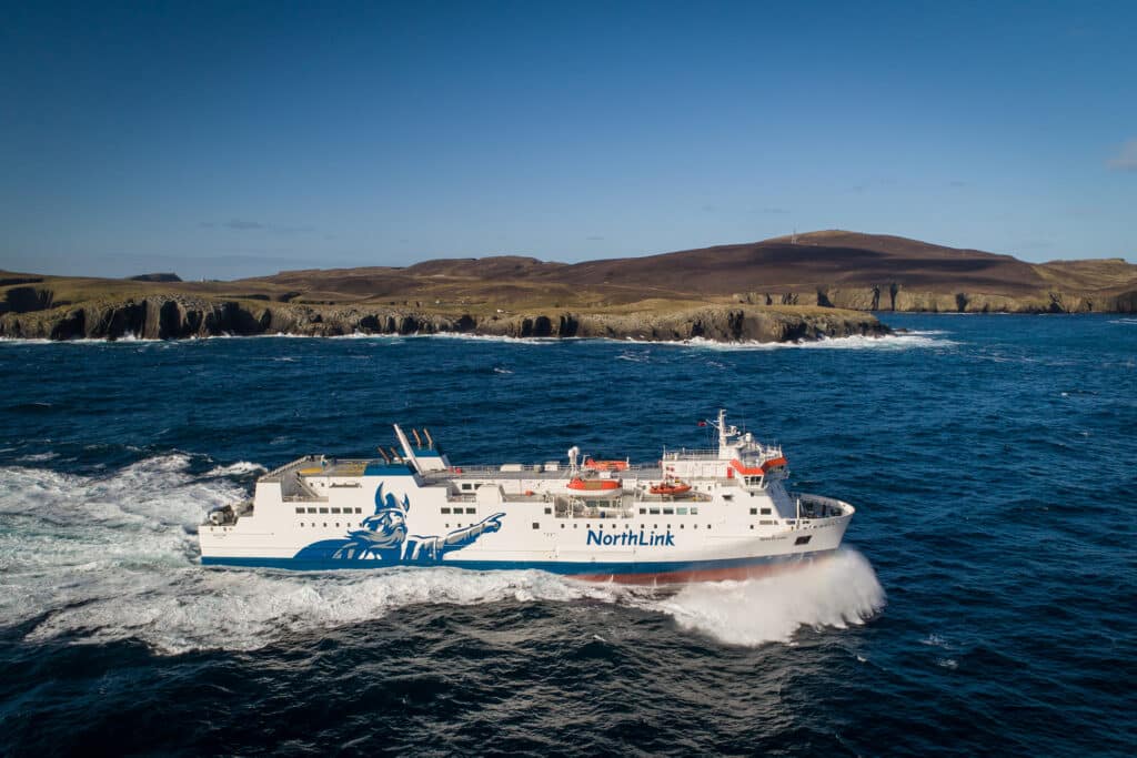 The Northlink Ferry Hrossey on her way to Lerwick in the Shetland Islands and the New Year fire festival to welcome the sun after the winter solstice. Photo courtesy of Northlink Ferries.