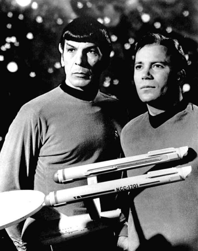 Commander Spock and Captain James T. Kirk, played by Leonard Nimoy and William Shatner, pictured here in the original series. [Public domain]