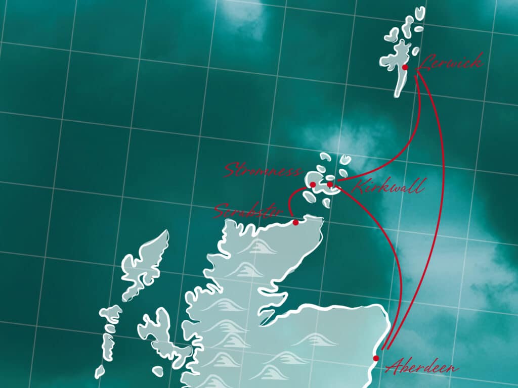 Ferry route from Aberdeen in Scotland to Lerwick in the Shetland Islands via Kirkwall in Orkney.
