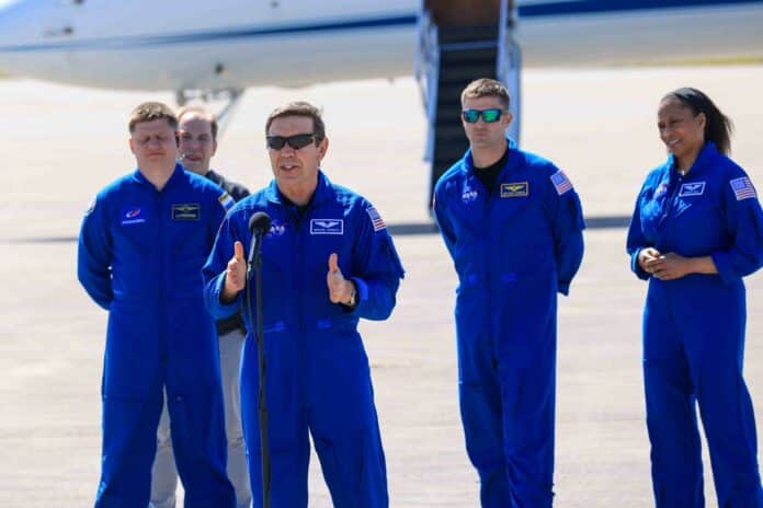 Crew-8 arrives at KSC on Sunday, February 25th. (L-R) Flight Engineer Alexander Grebenkin, Pilot Michael Barratt, Mission Commander Matthew Dominick, and Mission Specialist Jeanette Epps. Photo: Mark Stone/FMN