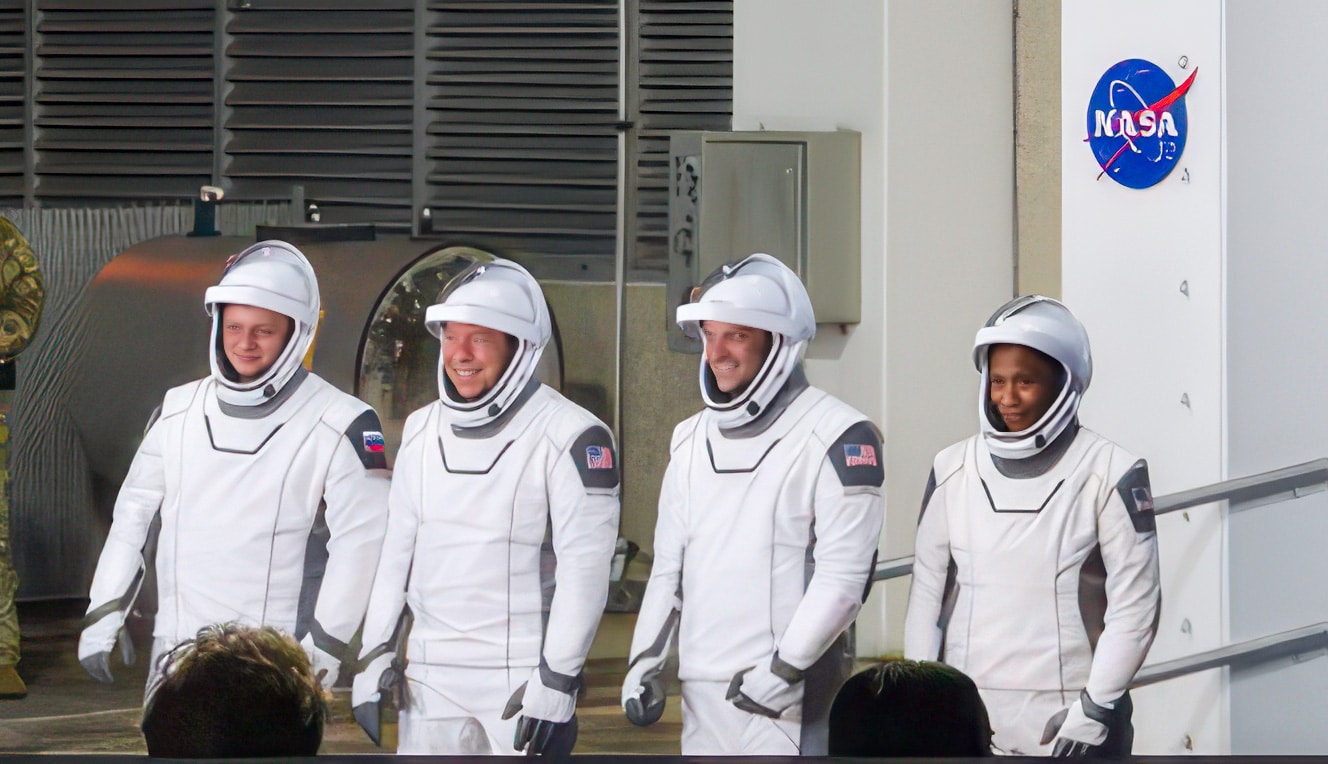 Roscosmos cosmonaut Alexander Grebenkin, and NASA astronauts Jeanette Epps, Matthew Dominick, and Michael Barratt, prepare to depart the Neil A. Armstrong Operations and Checkout Building for Launch Complex 39A. Photo: Chris Leymarie/FMN