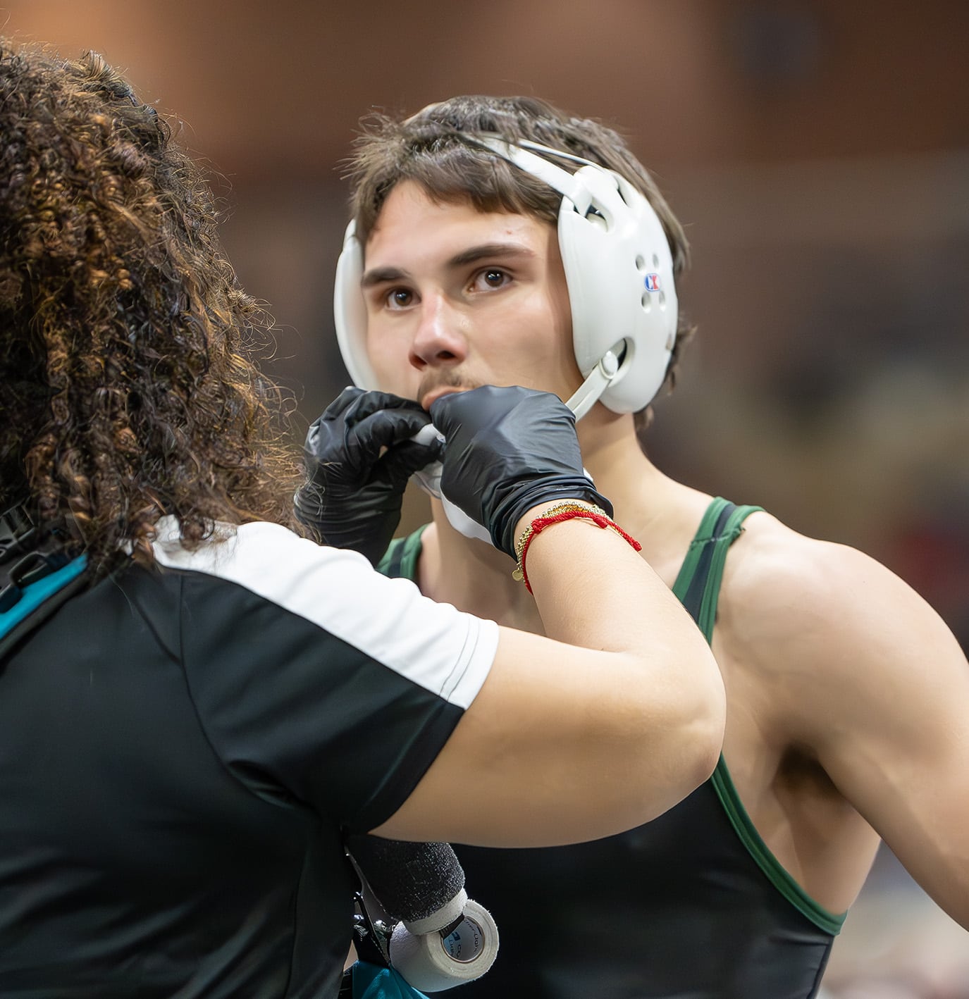 Weeki Wachee High 144 pound Ricky Bowermaster needed minor help for a bloody lip before defeating Talon Maple from Zephyr Hills Christian by Fall at 3:41 at the 2024 FHSAA State Championship in Kissimmee. [Photo by Joe DiCristofalo]