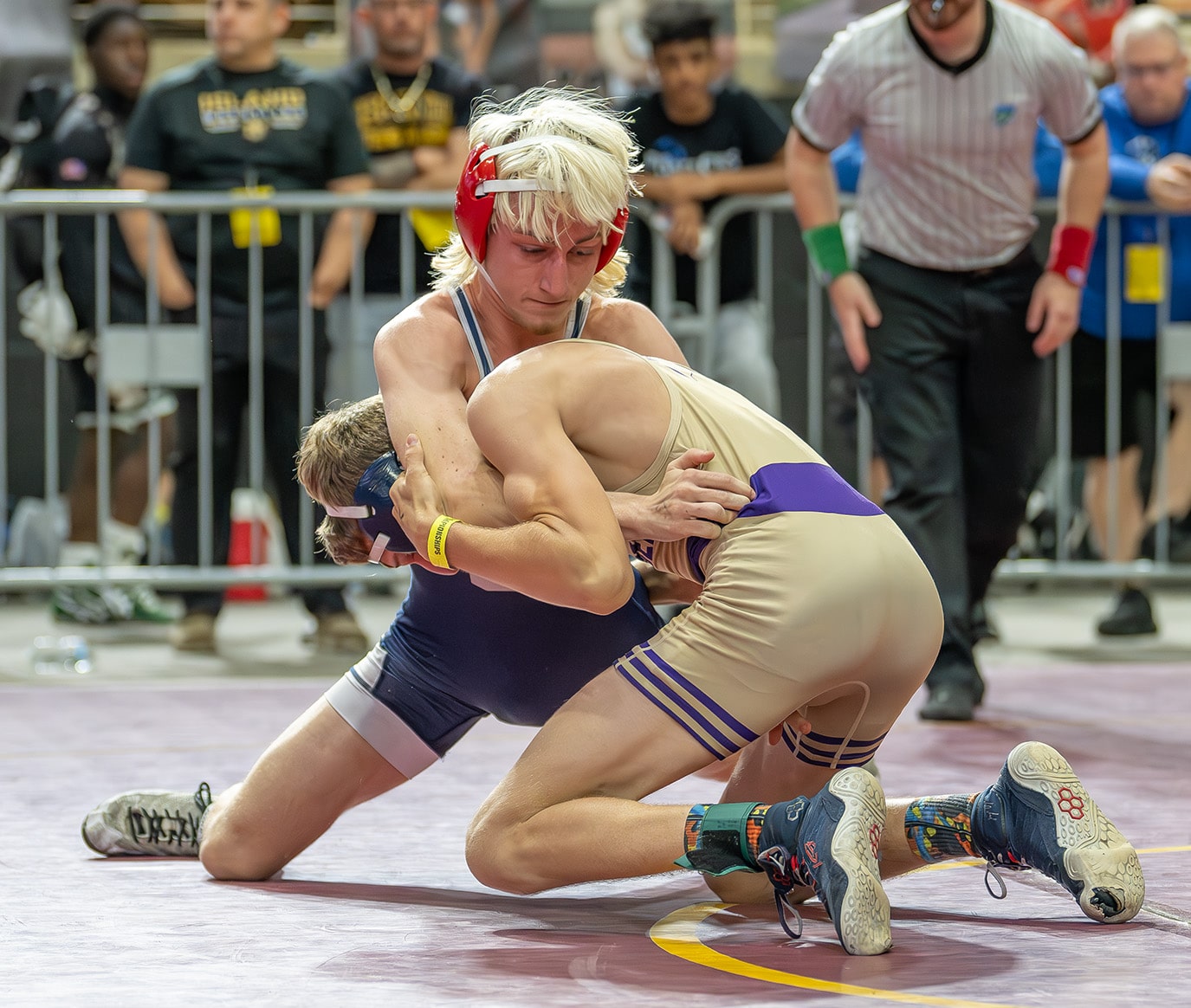 Springstead High 120 pound Vicenzo Lee succumbed to Okechobee High Clayton Wolf in a hard fought decision in a consolation match 6-5 at the 2024 FHSAA State Championship in Kissimmee. [Photo by Joe DiCristofalo]