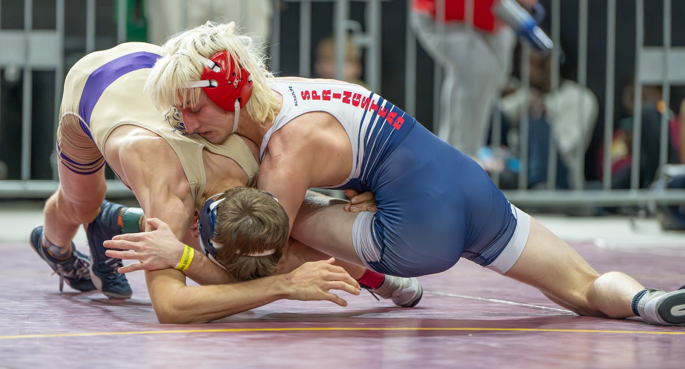 Springstead High 120 pound Vicenzo Lee succumbed to Okechobee High Clayton Wolf in a hard fought decision in a consolation match 6-5 at the 2024 FHSAA State Championship in Kissimmee. [Photo by Joe DiCristofalo]