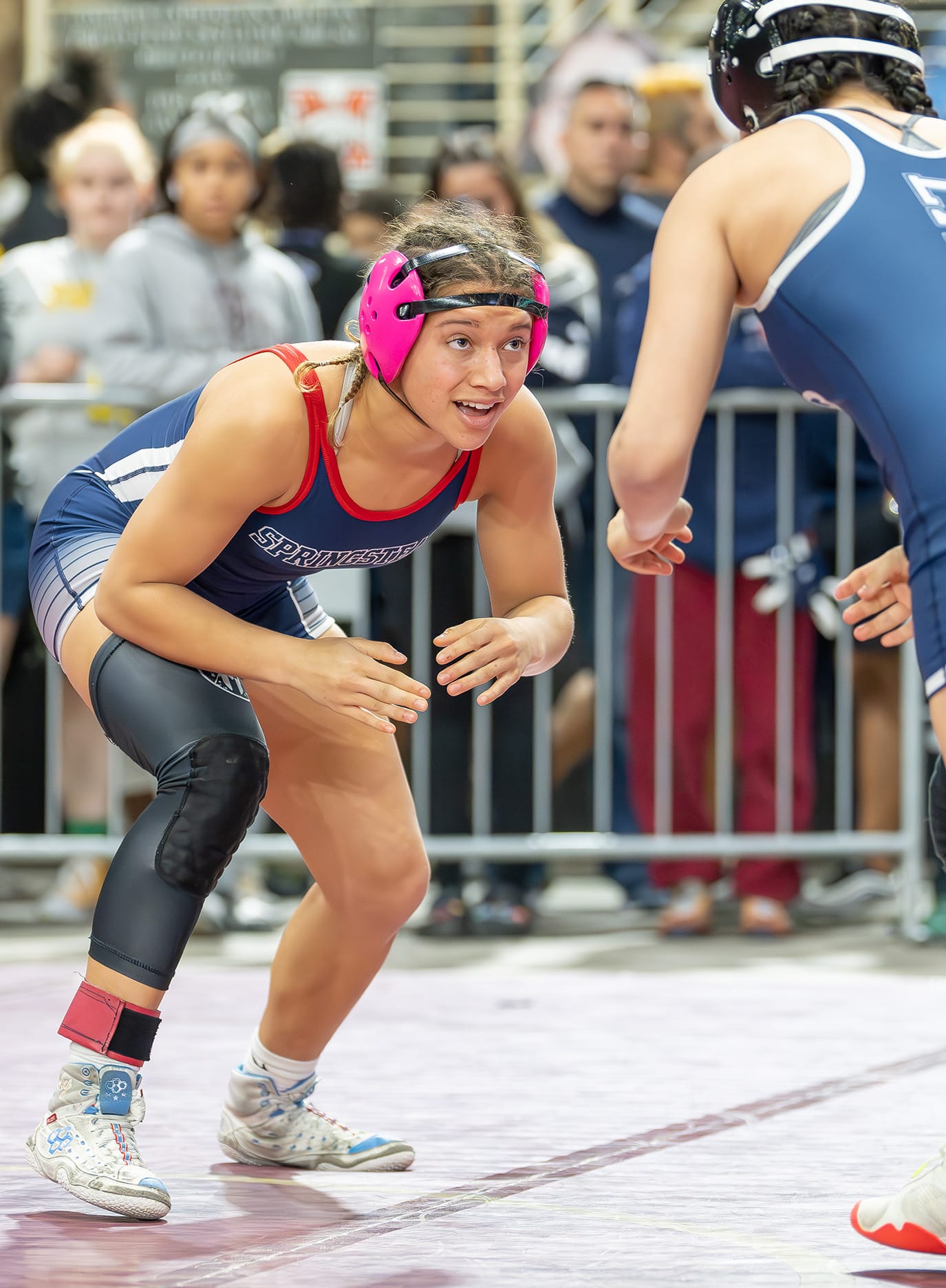 Springstead High 120 pound Jasmine Serrano took her match against Arianna Ruiz from Mater Lakes 6-1to advance in the consolation bracket at the 2024 FHSAA State Championship in Kissimmee. [Photo by Joe DiCristofalo]