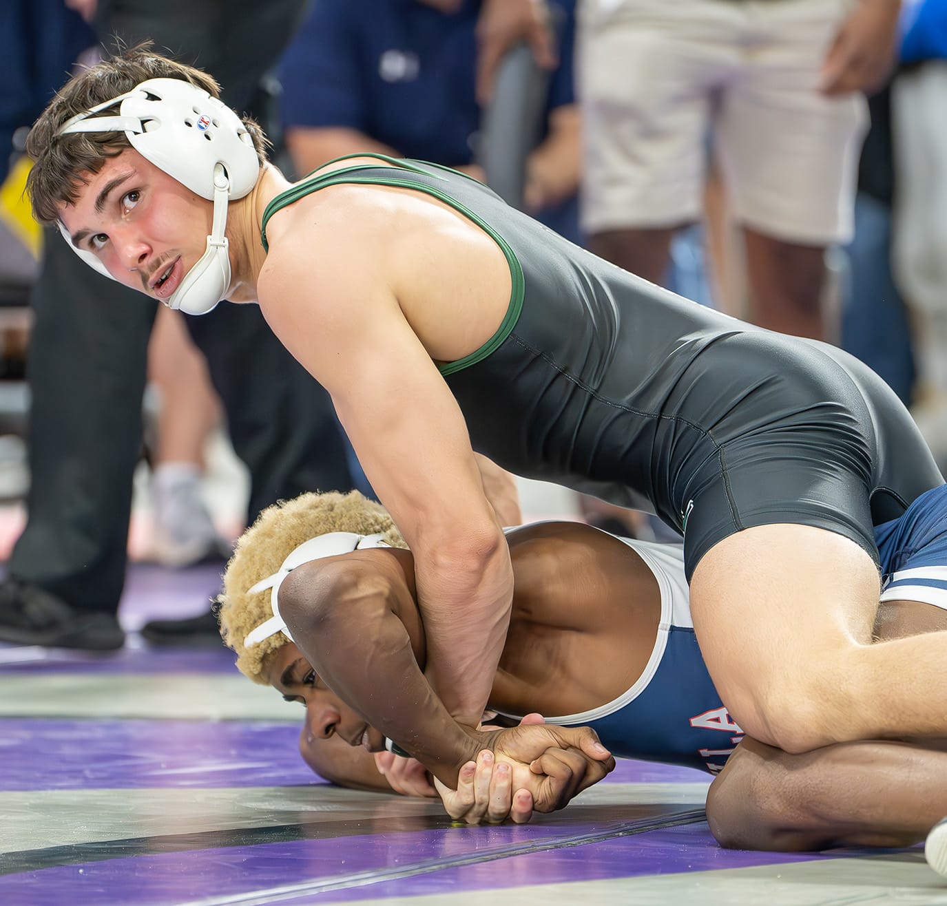 Weeki Wachee High 144 pound Ricky Bowermaster advanced past Aaron Robinson of Wakulla in a consolation match at the 2024 FHSAA State Championship in Kissimmee. [Photo by Joe DiCristofalo]