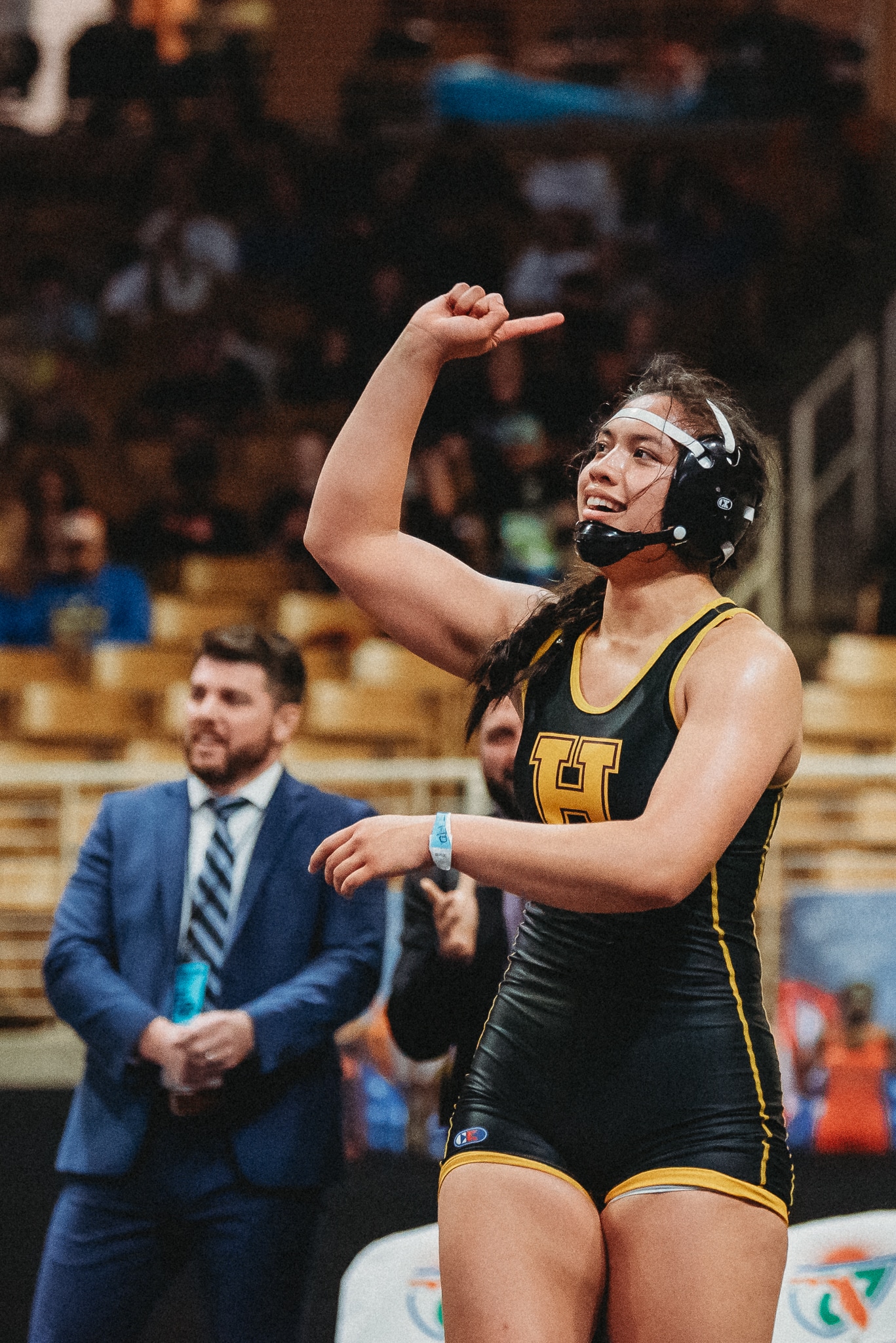 Grace Leota celebrates winning her second state wrestling title. [Credit: Cynthia Leota]
