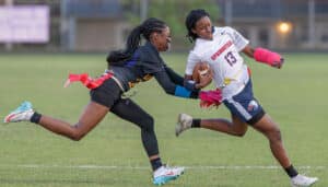 Hernando High, 23, Ayana Kincade stops the progress of Springstead High’s J’Ziyah Munford, 13, Monday in Brooksville. [Photo by Joe DiCristofalo]