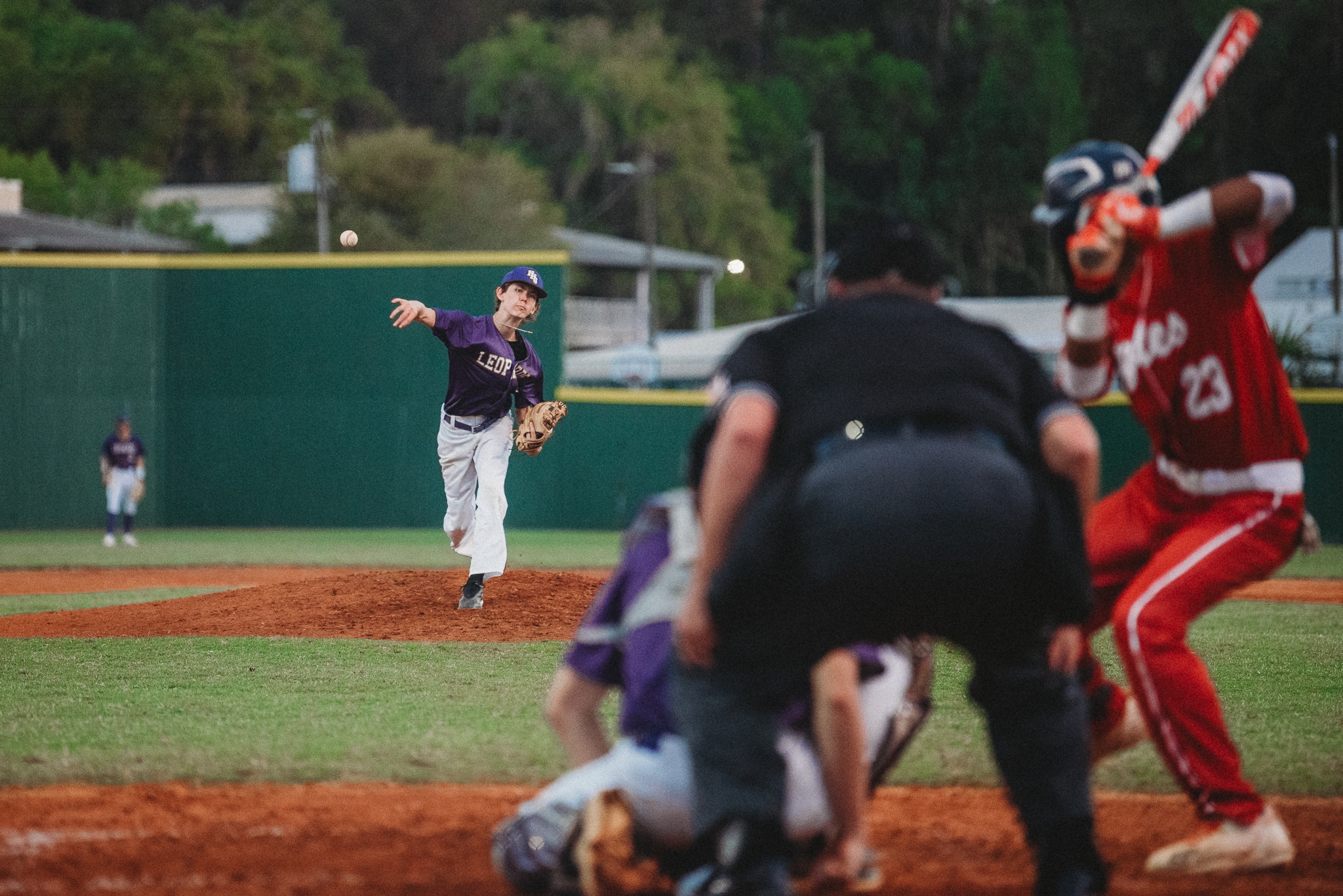 Ryan Miller (Sr) of Hernando pitching to Springstead’s Nathaniel Sabino (Fr). [Photo by Cynthia Leota]