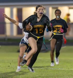 Hernando High, 15, Ava Montanez-Lehman finds some running room against Springstead High Monday in Brooksville. [Photo by Joe DiCristofalo]
