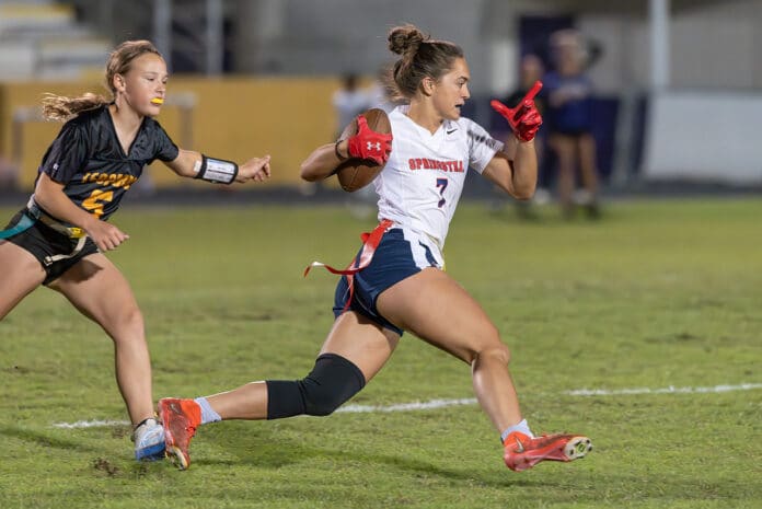 Springstead High School, 7, Ava Kanaar returns an interception against Hernando High Monday in Brooksville. Kanaar also scored on a long pass and run earlier in the game. [Photo by Joe DiCristofalo]