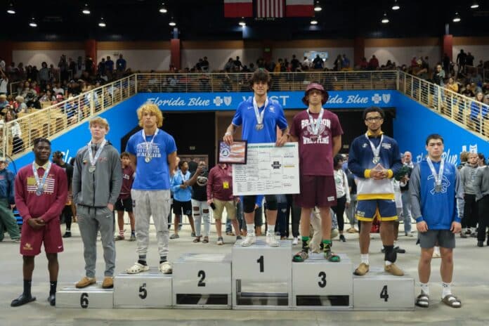 Draven McCall on the podium’s no. 1 spot, 2A 150 lbs. [Credit: Daniel Ward]