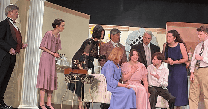 Back Row Standing (L-R) Robert Grogan, Victoria Zisi, Liz Voorhees, Tony Agati, Dalton Benson, Hannah Beatty, Kaiden Smith; Front Row Sitting (L-R) Michelle Kienzle, Brianna Spahn (as Grazia), Mitchell Matthias [Credit: Sarah Nachin]