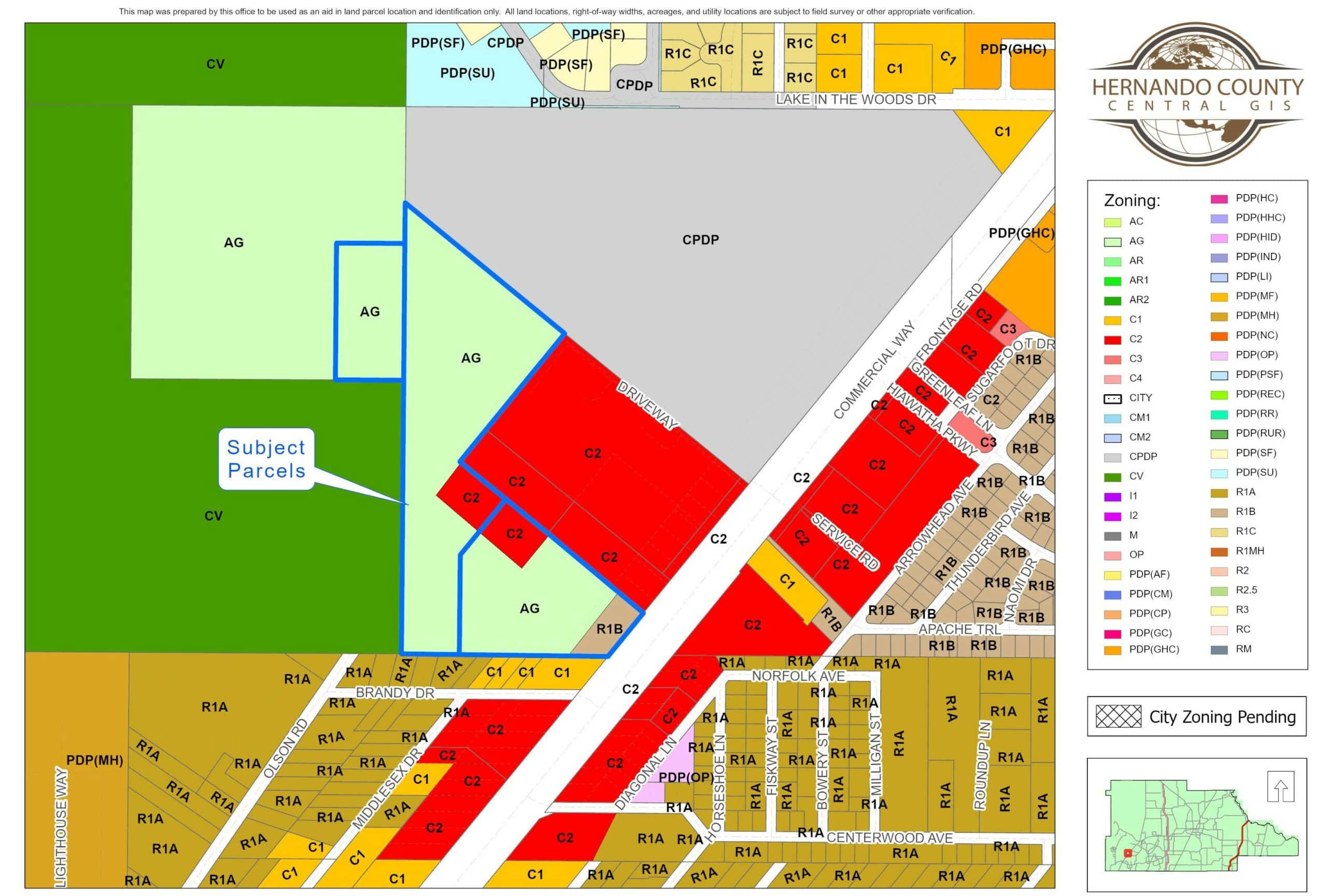 Zoning map prior to rezoning. Surrounding properties are C2 Commercial, C1 Commercial, CV Conservation, AG Agriculture, R1A Residential, CPDP Commercial Planned Development Project. [Credit: Hernando County Planning Department / Central GIS]
