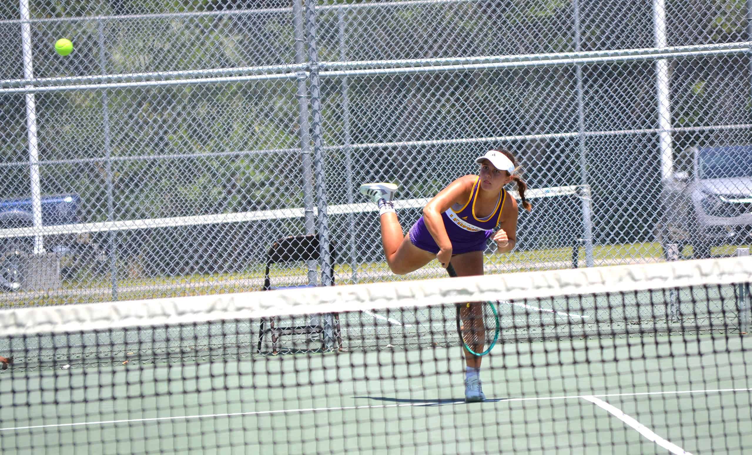 Hernando's Annabelle Chamberlain returns a shot during a No. 2 doubles match in the District 2A-6 Tournament on Wednesday in Crystal River. Photo by Chris Bernhardt Jr.