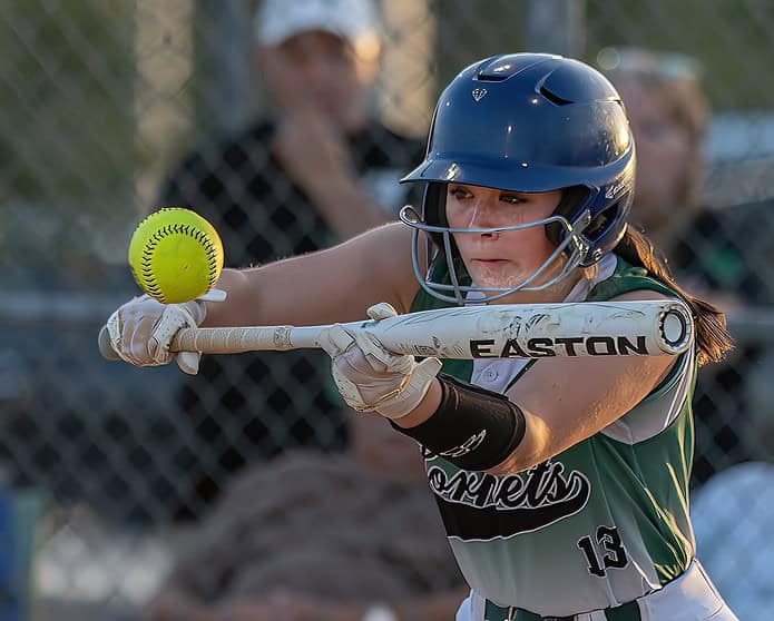 Weeki Wachee High’s ,13, Anna Taylor concentrates on a bunt attempt in the 4A District 5 playoff game versus Central High. Photo by [Joseph Dicristofalo]
