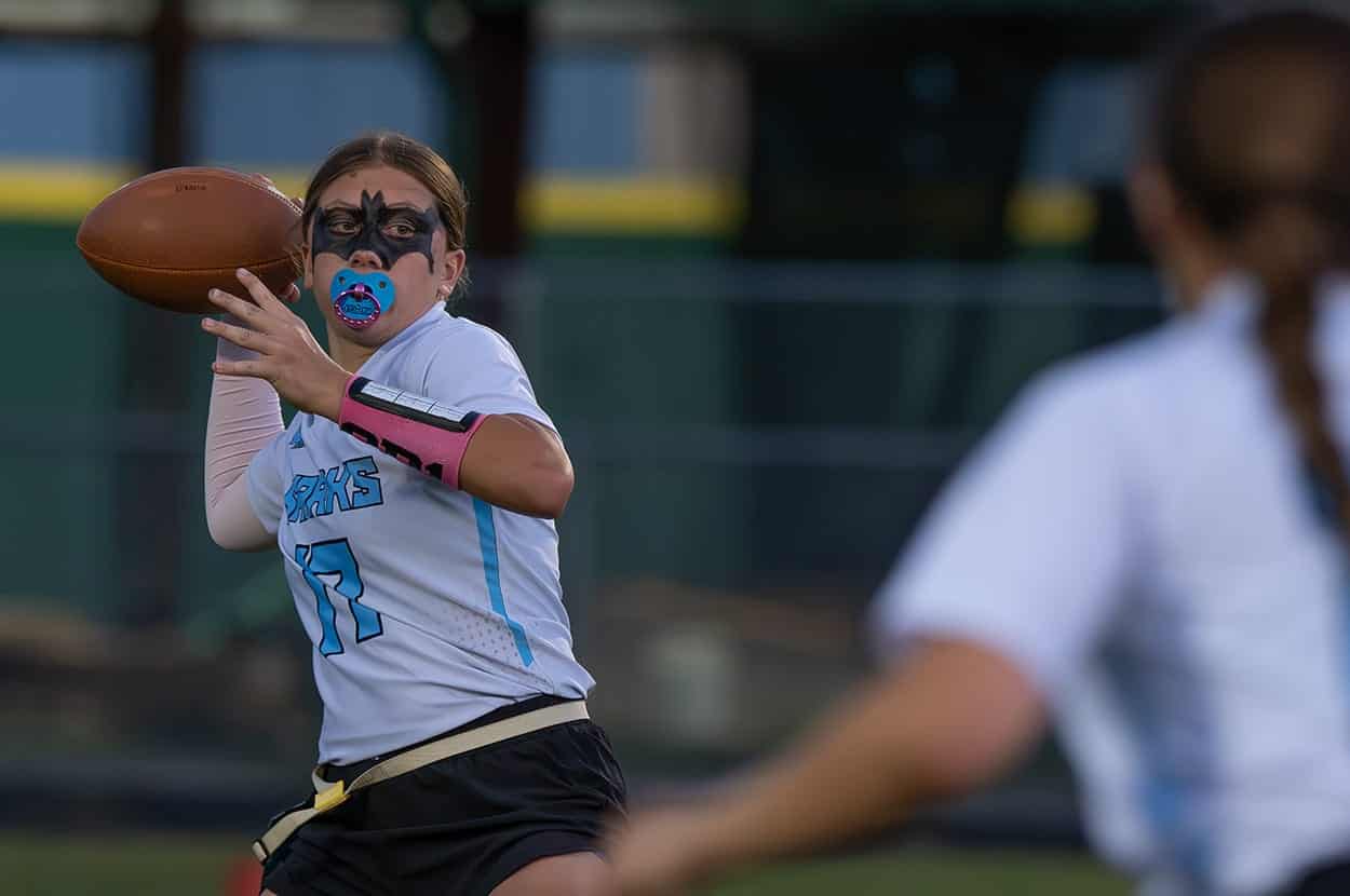 Nature Coast Tech, 17, Madelyn DePetrillo sets to launch a pass in the game with Hernando High. Photo by [JOE DiCRISTOFALO]