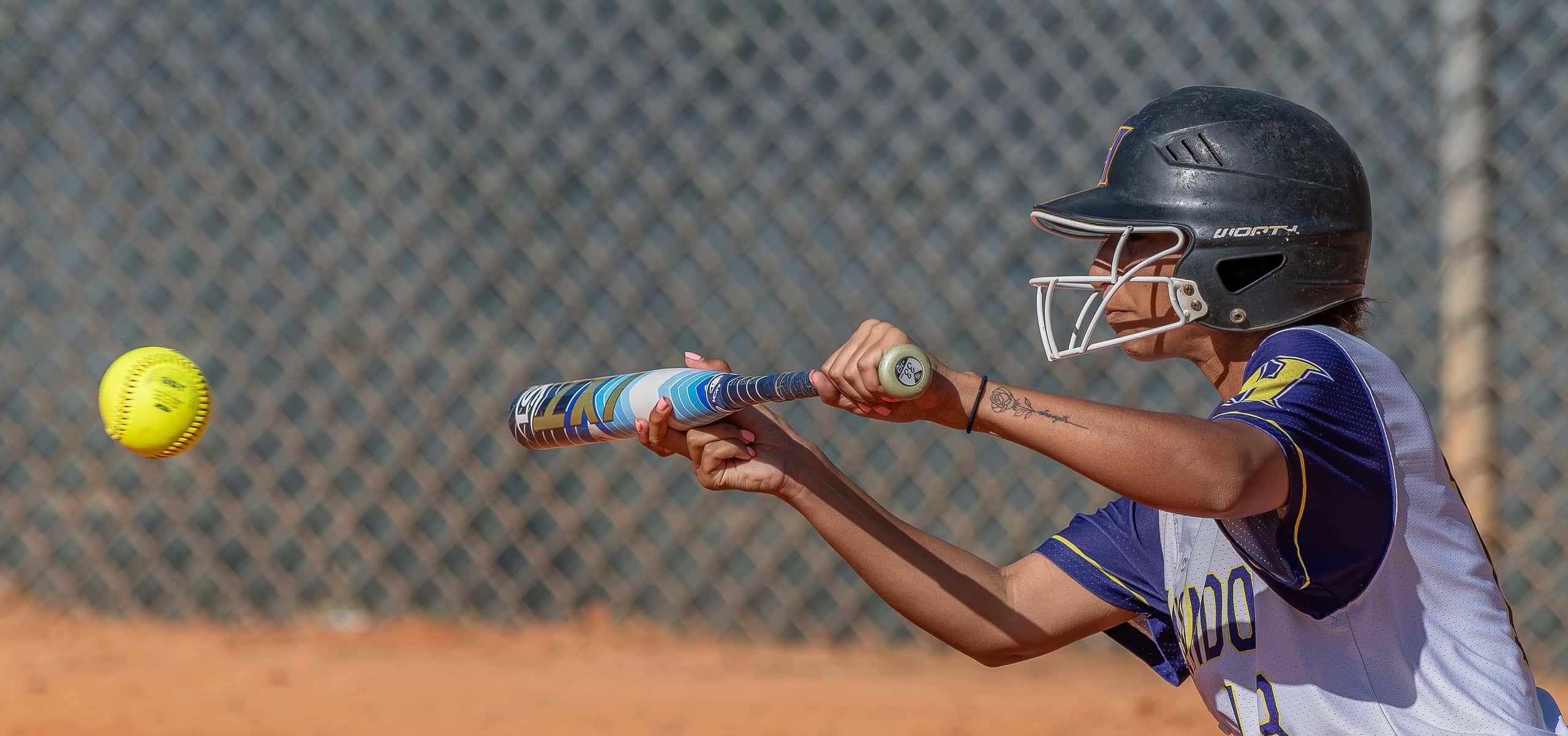 Hernando High’s Carmen Edwards squares to bunt in the game with Venice High at Tom Varn Park. [Photo by Joe DiCristofalo]