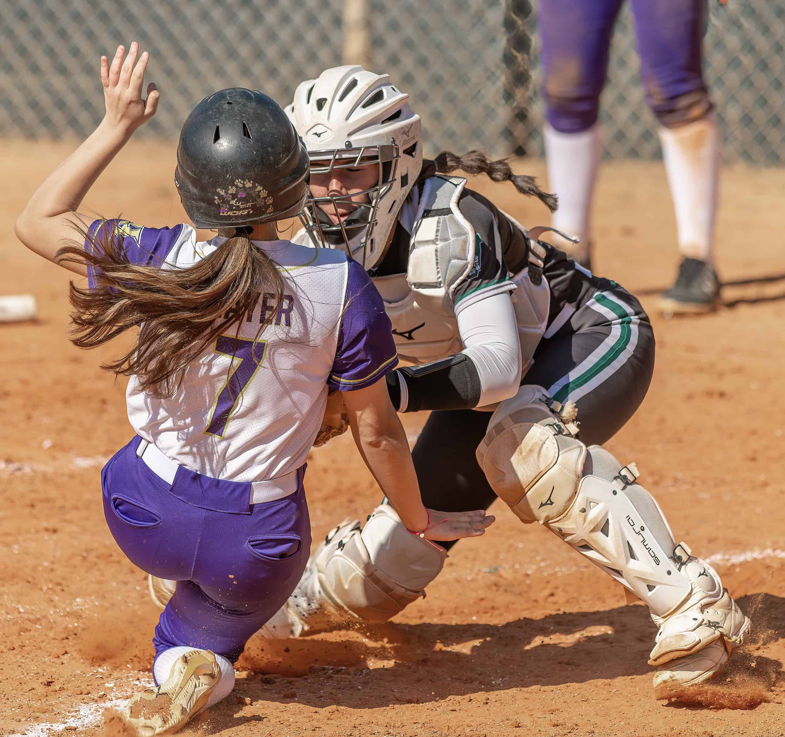 Hernando High’s Miley Mayer gets tagged out at home in the loss to Venice High in the Leopard Slam tournament at Tom Varn Park. [Photo by Joe DiCristofalo]
