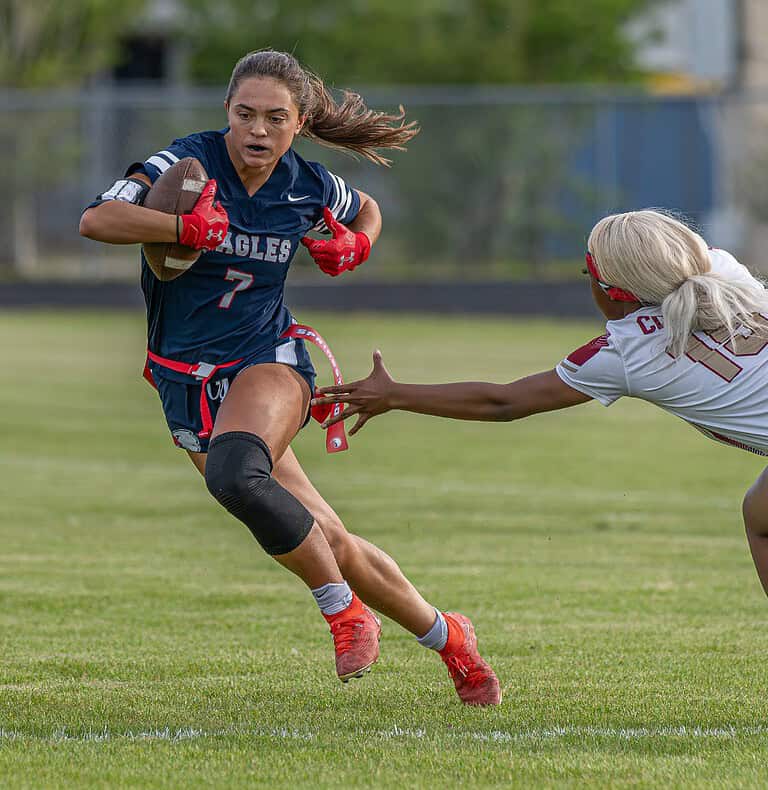 Springstead High, 7, Ava Kanaar returns a punt in the Eagles 36-0 win at home over visiting Countryside High in a 2A District 14 playoff match. Photo by [Joseph Dicristofalo]