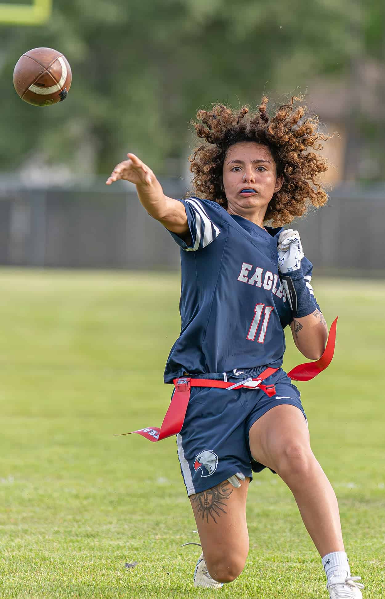 Springstead High, 11, Samantha Suarez launches a pass in the Eagles 36-0 win at home over visiting Countryside High in a 2A District 14 playoff match. Photo by [Joseph Dicristofalo]