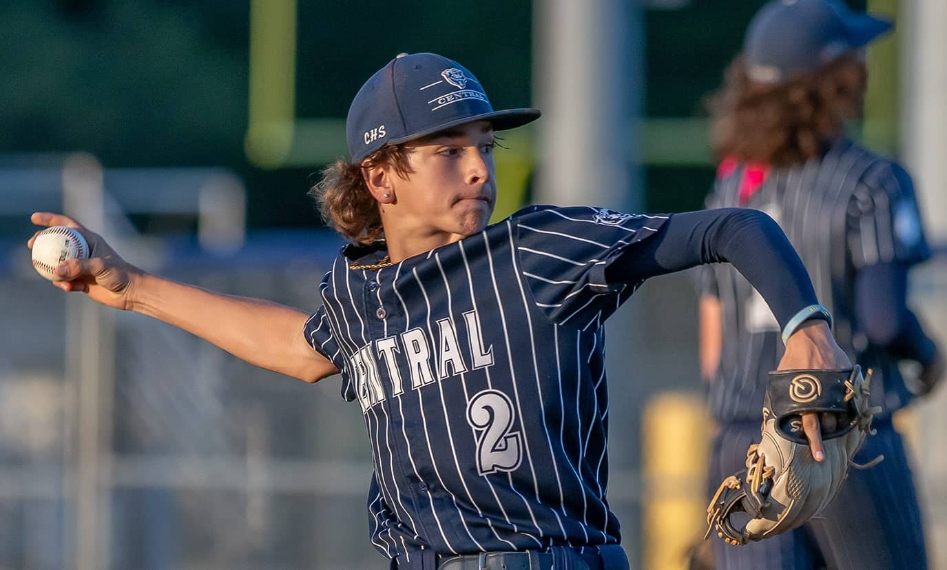 Central High, 2, Korbin Baskind pitch in relief against visiting Hernando High Friday.  Photo by [Joseph Dicristofalo]