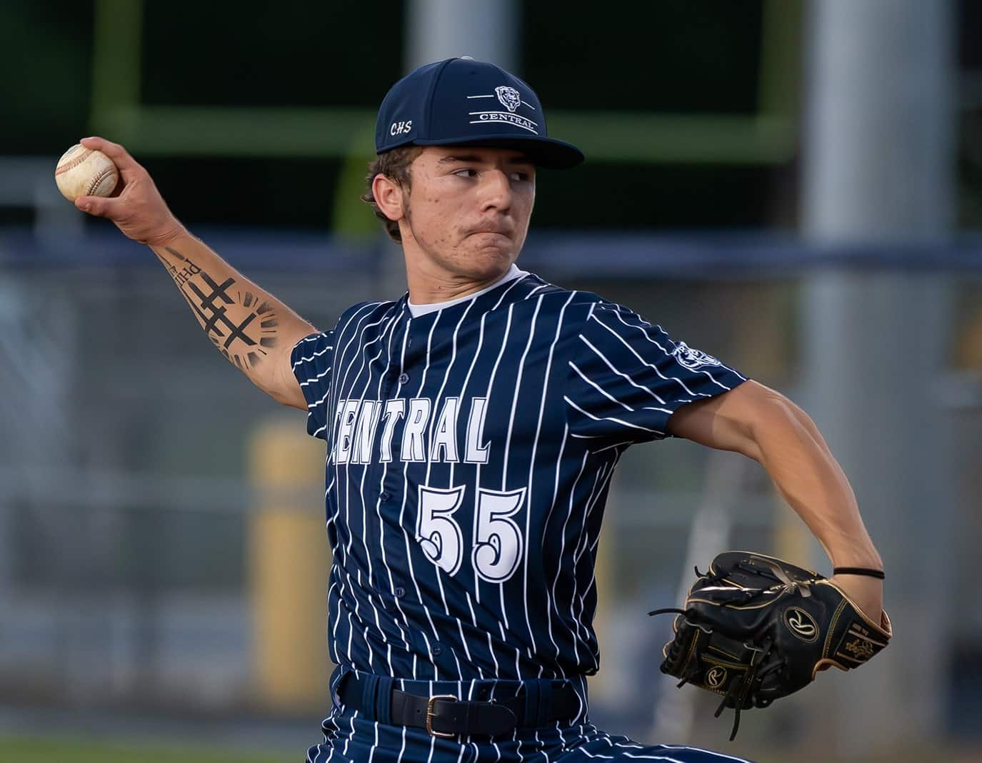 Central High, 55, Dylan Lama pitching in relief against visiting Hernando High Friday.  Photo by [Joseph Dicristofalo]