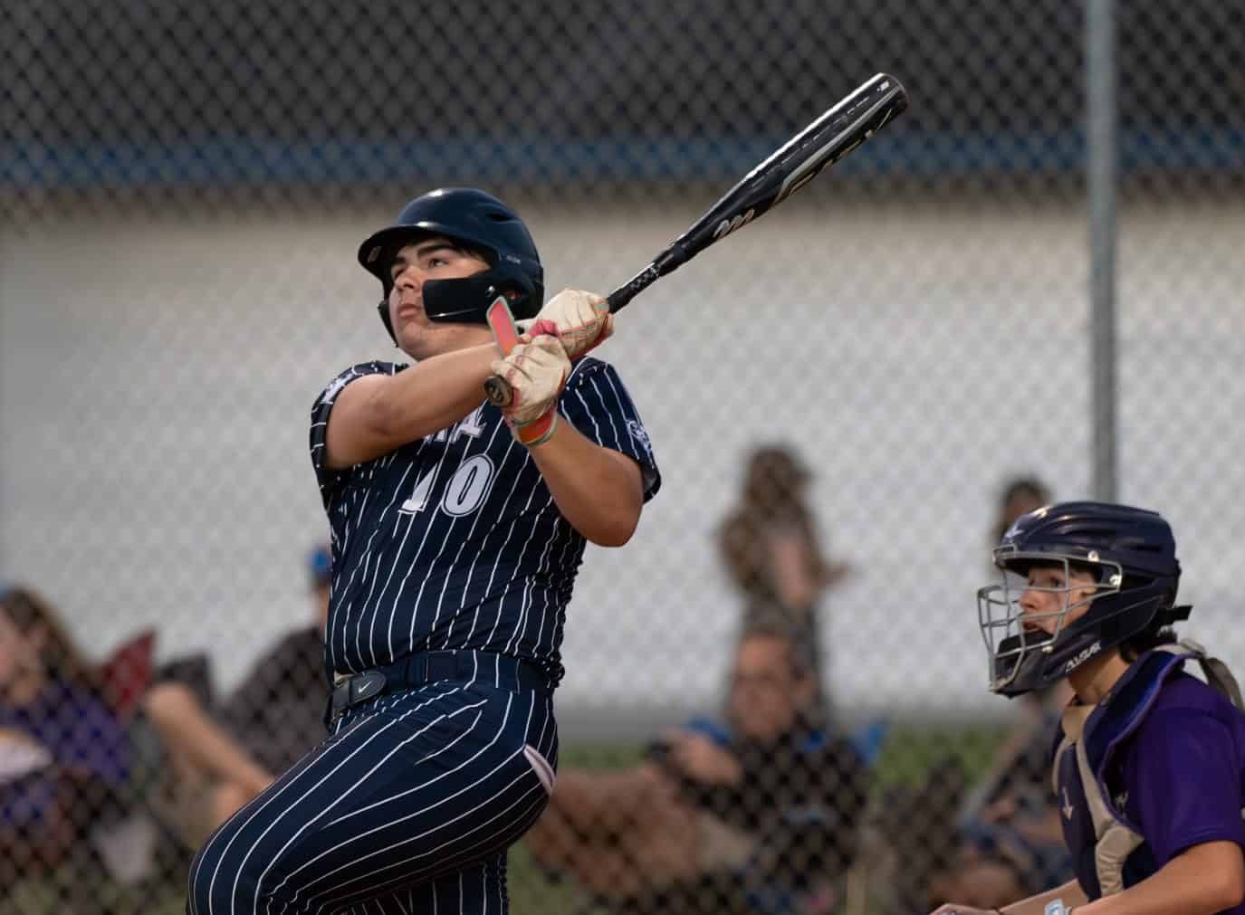 Central High, 10, Talyn Poole watches his lead off blast that resulted in a triple Friday against Hernando at Central High.  Photo by [Joseph Dicristofalo]