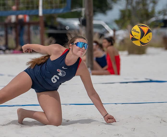Springstead High’s Emily Miller tries to one hand a dig in a match with Hernando High during the 1A District 16 quarterfinals held at Bishop McLaughlin High School. Photo by [Joseph DiCristofalo]