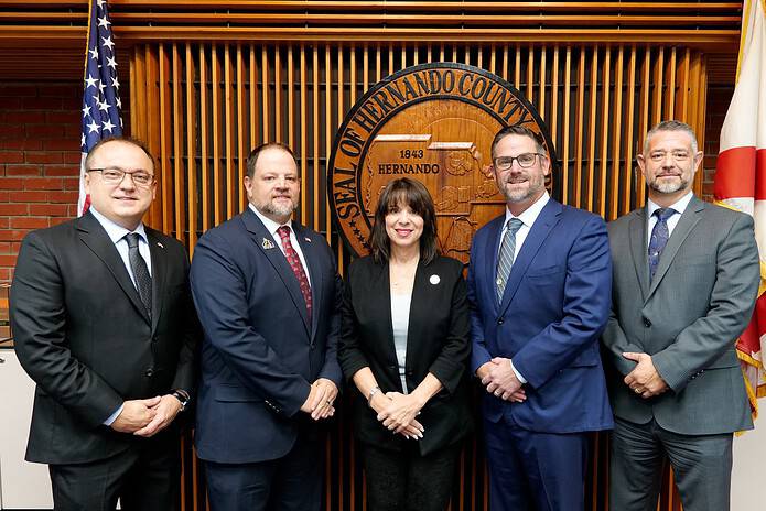 Reorganized BOCC from left to right: Commissioner Steve Champion, Second Vice Chair Jerry Campbell, Chairwoman Beth Narverud, Vice Chair Brian Hawkins and Commissioner John Allocco. [Credit: Hernando County Gov.]