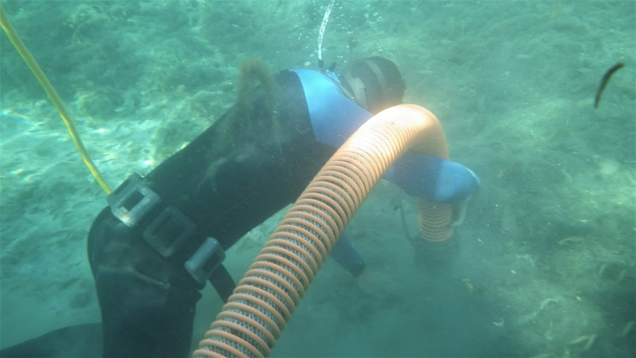 A diver with Sea and Shoreline vacuums the riverbed to remove algae. [Credit: Sea and Shoreline]