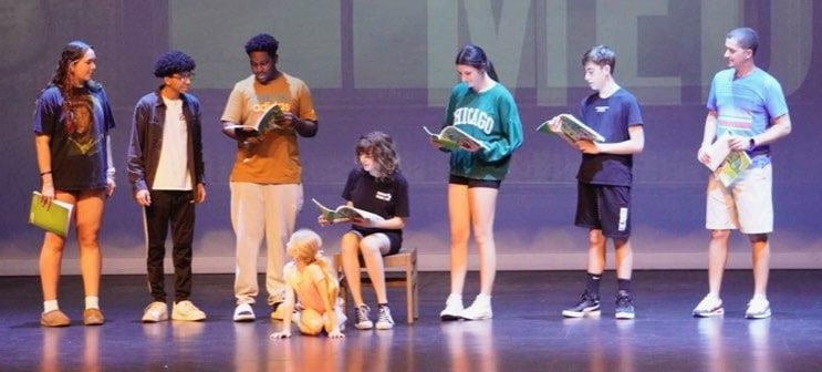 Kalealani (Scarecrow), Malachi (Tin Man), Holly (Dorothy), Ava (Auntie Em), Parker (filling-in), Mr. Wright (Professor/Oz) in rehearsal for Springstead's "Wizard of Oz" [Courtesy photo]