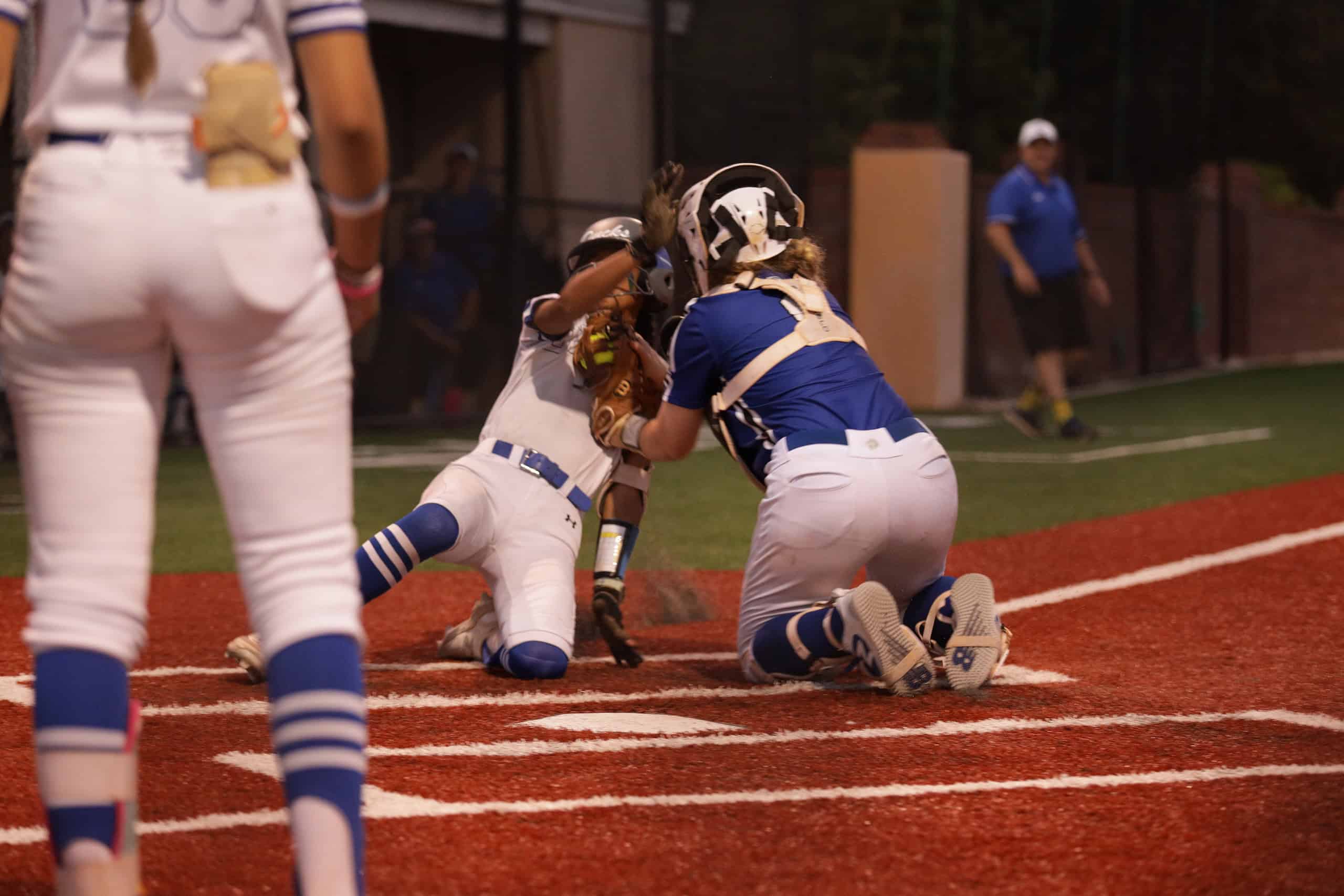 Lions Catcher Piper Gill making the tag at home in 3rd inning, saves a run. [Photo Provided by Sean Gill]