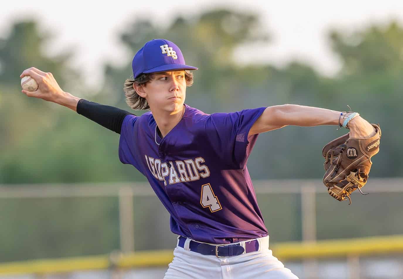 Hernando High School’s, 4, Ryan Miller pitched relief in the 4A District 6 title game played at NCT Thursday. Photo by [Joseph Dicristofalo]