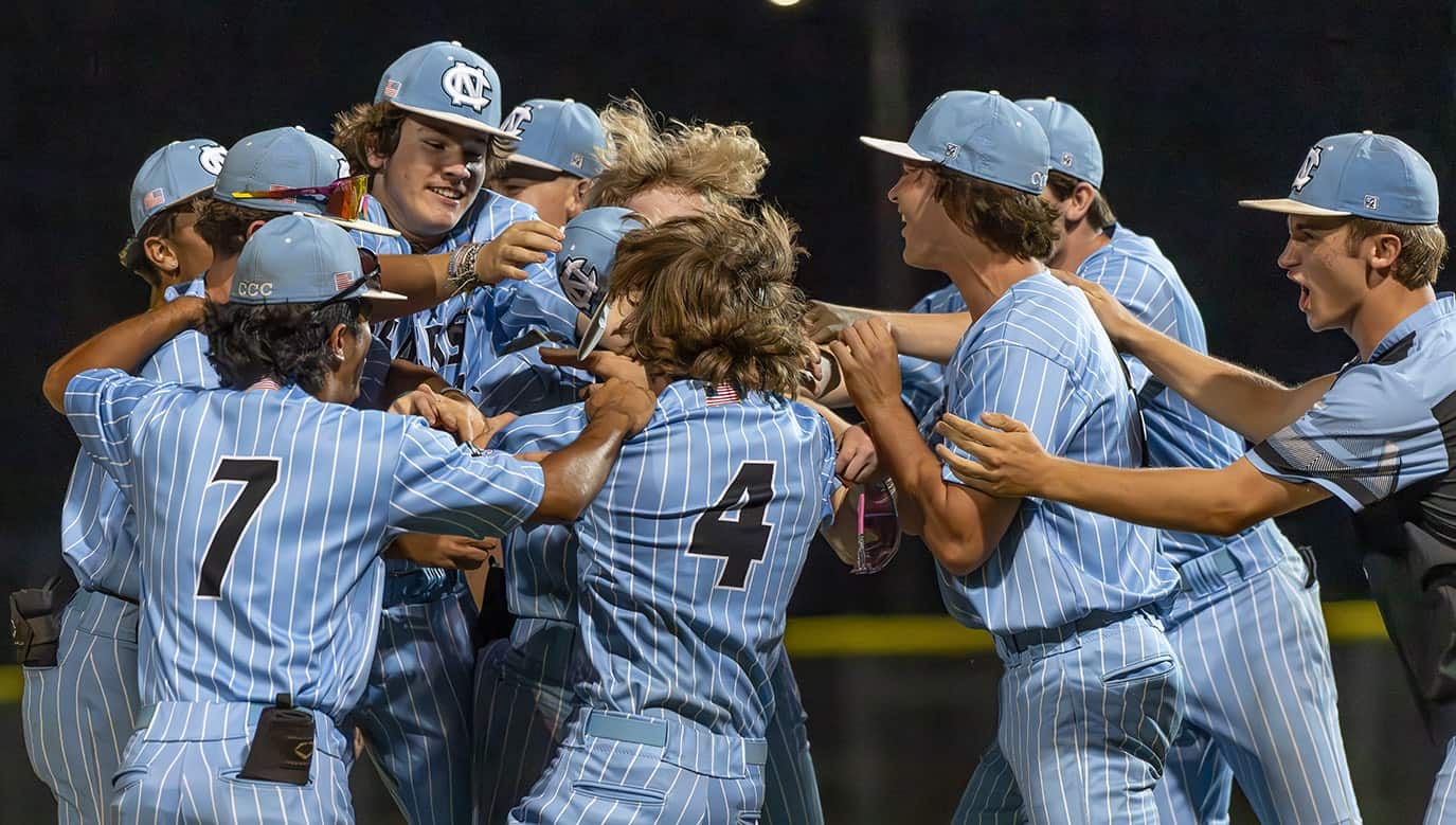 Nature Coast players celebrate after the final out of the 4A District 6 title game, winning over visiting Hernando High. Photo by [Joseph Dicristofalo]