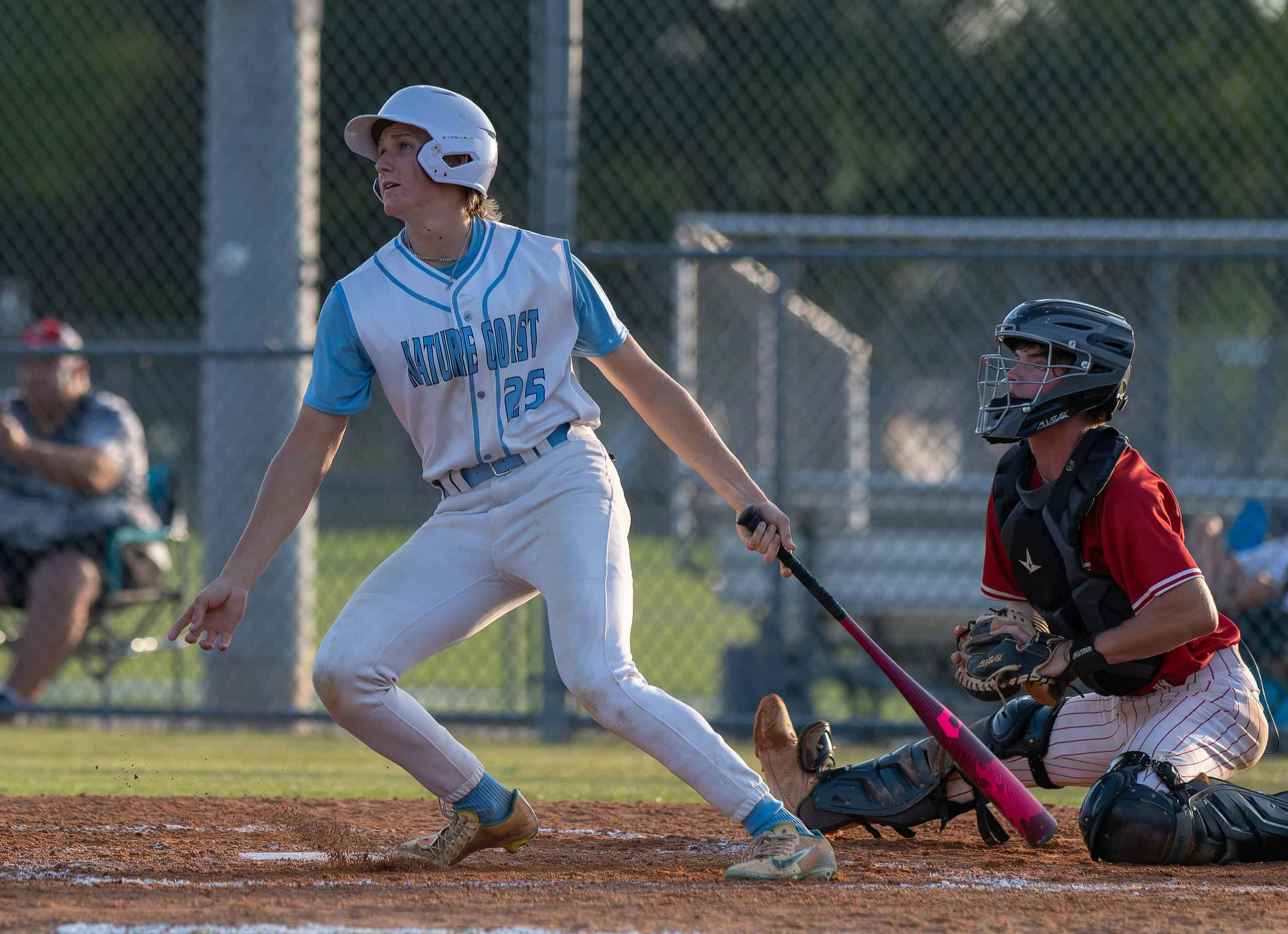 Nature Coast Tech, 25, Dylan Palmer watches his sacrifice fly that plated the first run of the 4A Regional Quarterfinal game versus visiting Satellite High. Photo by [Joseph Dicristofalo]